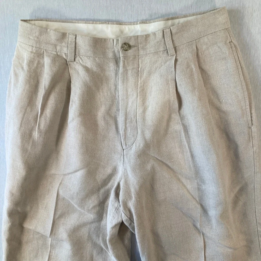Turnbury Mens Pants 34x29 (Fit 33x27) 100% Linen Cream Pleated Dress Straight
